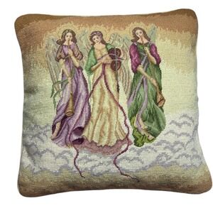 Vintage Needlepoint Angel Trio Pillow Handmade Wool Tapestry 16"